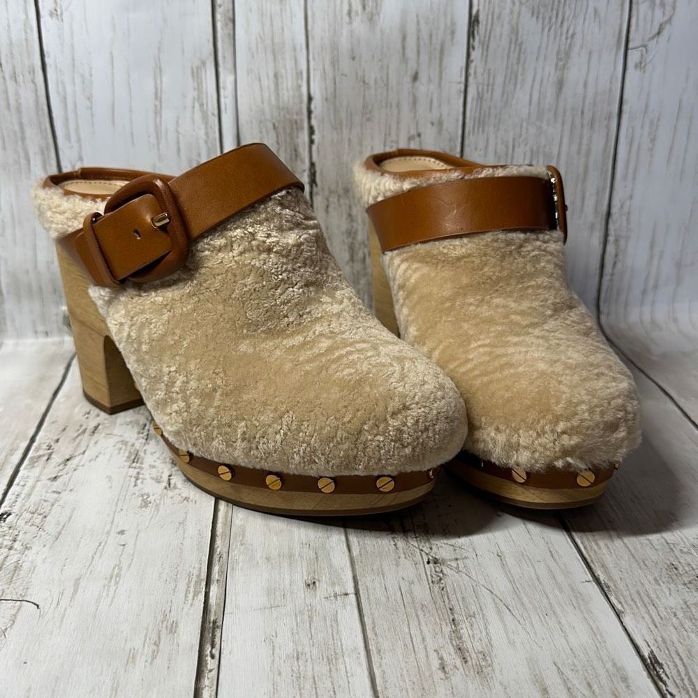 Veronica Beard Dacey - 2 Sand Shearling Clog Mule Chunky Heel size 7 NEW